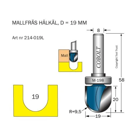 214-019L Cobolt Hålkälsfräs R=9,5 D=19 L=20 Rabatter